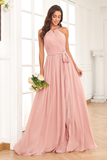 Halter Pleated Chiffon Long Bridesmaid Dresses with Slit Rjerdress