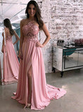 Halter Prom Dresses A Line Chiffon With Appliques Floor Length