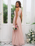 Halter Ruched Bodice Bridesmaid Dresses A Line Chiffon Floor Length Rjerdress