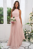 Halter Ruched Bodice Bridesmaid Dresses A Line Chiffon Floor Length