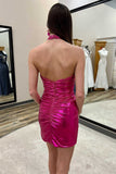 Halter Ruched Sheath Homecoming Dresses Polyester Open Back