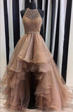 Halter Top Illusion Rhinestone Beaded Hi-Low Tulle Most Popular Long Prom Dresses RJS623