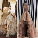 Halter Top Illusion Rhinestone Beaded Hi-Low Tulle Most Popular Long Prom Dresses RJS623 Rjerdress
