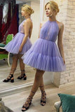 Halter Tulle Lavender Short Homecoming Dress with Open Back Above Knee Cocktail Dress H1263