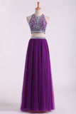 Halter Two Pieces A Line Party Dresses Beaded Bodice Tulle Floor Length Rjerdress