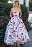 High Low Prom Dresses Strapless A-Line Floral Print Long Ball Gown Rjerdress