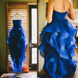 High Low Royal Blue Organza Prom Dresses Strapless Evening Gown For Teens Brides Rjerdress