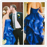High Low Royal Blue Organza Prom Dresses Strapless Evening Gown For Teens Brides Rjerdress