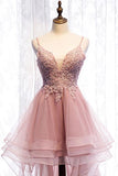 High Low Spaghetti Straps Tulle Homecoming Dresses with Appliques, V Neck Prom Dresses Rjerdress