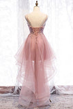 High Low Spaghetti Straps Tulle Homecoming Dresses with Appliques, V Neck Prom Dresses Rjerdress