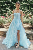 High Low Spaghetti Straps Tulle Prom Dresses With 3D Flowers Evening Dresses