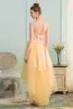 High Low Sweetheart A Line Appliques Bodice Flowing Satin Prom Dress Rjerdress