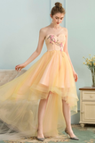 High Low Sweetheart A Line Appliques Bodice Flowing Satin Prom Dress