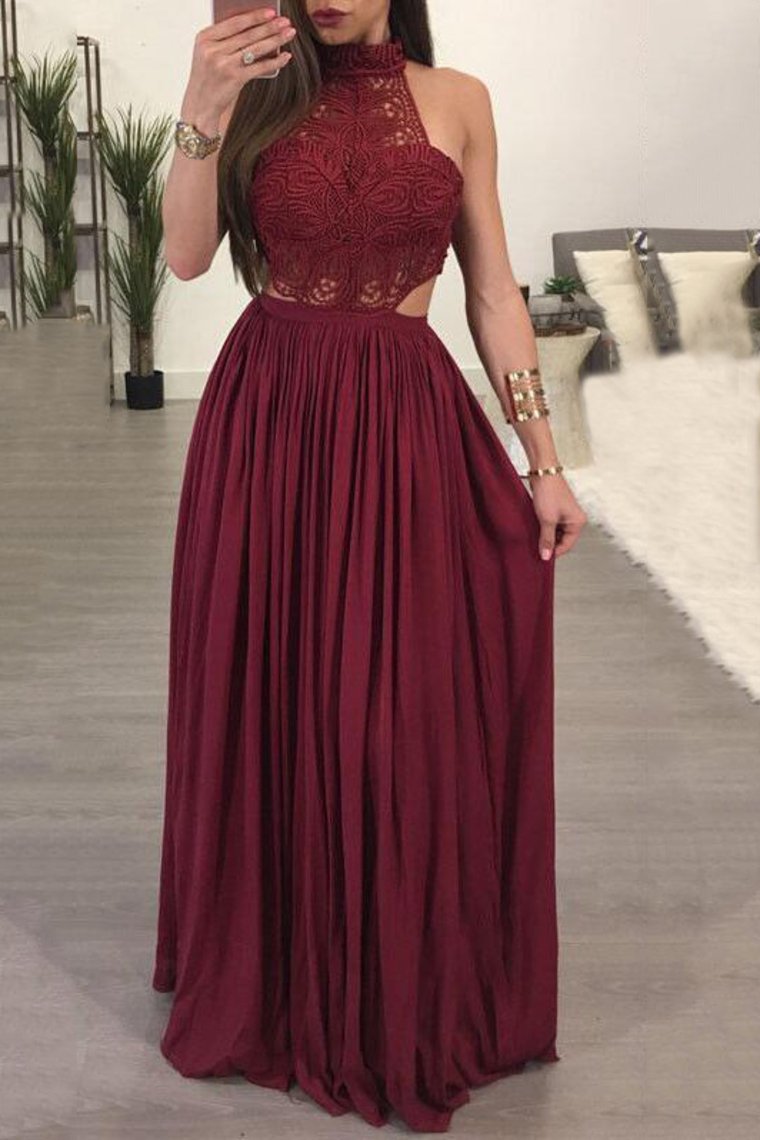 High Neck A Line Chiffon & Lace Floor Length Prom Dresses Rjerdress