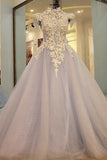 High Neck A Line Floor Length Wedding Dresses Lace Up With Pears Sequins Handmade Flowers Rjerdress