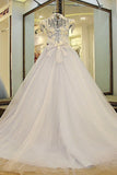 High Neck A Line Floor Length Wedding Dresses Lace Up With Pears Sequins Handmade Flowers Rjerdress