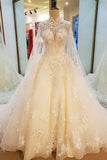 High Neck Bridal Dresses A Line With Beading Appliques Court Train Tulle Lace Up Rjerdress