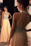 High Neck Dresses A Line Chiffon With Beading Sweep Train