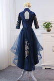 High Neck High Low Dark Navy Half Sleeve Tulle Homecoming Dresses with Appliques H1036 Rjerdress
