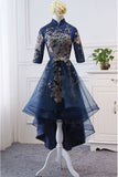High Neck High Low Dark Navy Half Sleeve Tulle Homecoming Dresses with Appliques H1036 Rjerdress