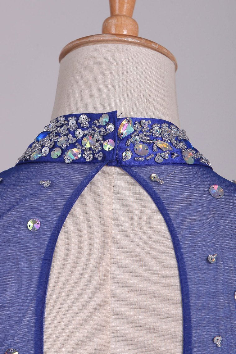 High Neck Hoco Dresses Beaded Bodice A-Line Dark Royal Blue Tulle Short/Mini Rjerdress