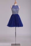 High Neck Hoco Dresses Beaded Bodice A-Line Dark Royal Blue Tulle Short/Mini