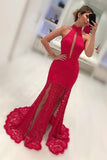 High Neck Lace Mermaid Prom Dresses With Slit Sweep Train Rjerdress