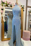 High Neck Mermaid Sequin Slit Zipper Up Floor Length Prom Evening Dresses Rjerdress
