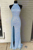 High Neck Mermaid Sequin Slit Zipper Up Floor Length Prom Evening Dresses Rjerdress