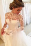 High Neck Open Back Long Sleeves Wedding Dresses A Line Satin Rjerdress