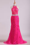 High Neck Open Back Sheath Party Dresses Tulle With Applique And Rhinestones