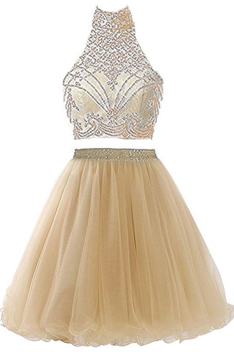 High Neck Open Back Tulle With Beading Homecoming Dresses A Line Rjerdress