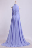 High Neck Pleated Bodice Party Dresses A-Line Chiffon Sweep Train
