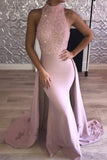 High Neck Satin Mermaid Prom Dresses With Beading Sweep Train Rjerdress