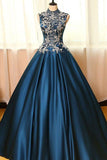 High Neck Sleeveless Appliques Ball Gown Open Back Satin Long Blue Prom Dresses RJS234 Rjerdress