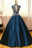 High Neck Sleeveless Appliques Ball Gown Open Back Satin Long Blue Prom Dresses RJS234 Rjerdress