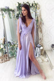 High Quality Charming V Neck Purple Chiffon Prom Dress with Slit, Brief Backless Formal Dresses uk