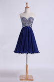 Hoco Dress Dark Royal Blue Beaded Sweetheart Short/Mini A Line/Princess Chiffon