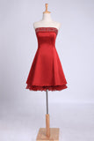 Hoco Dress Strapless A Line Short/Mini With Crystal Beading Satin And Tulle Lace Up Burgundy/Maroon Rjerdress