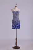 Hoco Dresses Sheath Sweetheart Mini With Rhinestones&Beads Dark Royal Blue Rjerdress