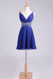 Hoco Dresses Straps A-Line Short/Mini Chiffon With Beads And Ruffles Dark Royal Blue