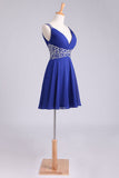 Hoco Dresses Straps A-Line Short/Mini Chiffon With Beads And Ruffles Dark Royal Blue Rjerdress