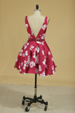 Hoco Dresses V Neck A Line Short/Mini Satin Floral Rjerdress