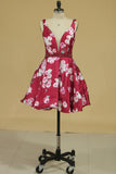 Hoco Dresses V Neck A Line Short/Mini Satin Floral