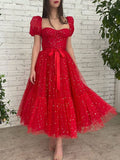 Homecoming Dresses A Line Square Short Sleeves With Sequin Tulle