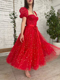 Homecoming Dresses A Line Square Short Sleeves With Sequin Tulle Rjerdress