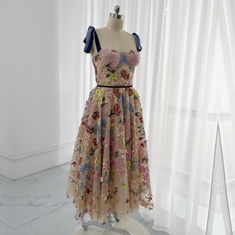 Homecoming Dresses A Line Straps Tulle Embroidery Flower Tea Length Rjerdress