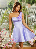 Homecoming Dresses Ball Gown One-Shoulder Knee-Length Satin With Handmade Flowers