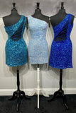 Homecoming Dresses Sheath Mini One Shoulder Sequins With Elegant Sheer Back Rjerdress