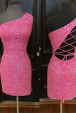 Homecoming Dresses Sheath Mini One Shoulder Sequins With Elegant Sheer Back Rjerdress